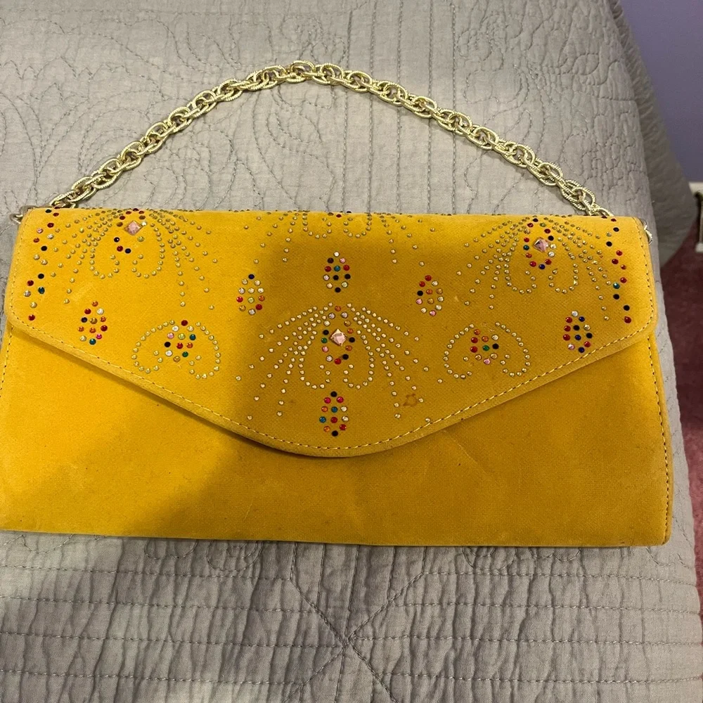 Clutch beaded purse with chain. Gold suede like with rhinestones. Good c…
